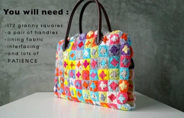 DIY crochet granny squares bag with interfacing lining handle and inner pocket